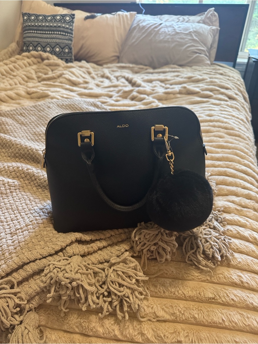 ALDO Black Dome Satchel with Gold-Tone Hardware and Pom Charm